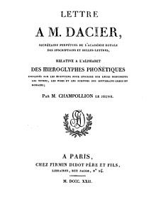 Cover of the first edition of Lettre à M. Dacier by French Egyptologist and scholar Jean-François Champollion.
